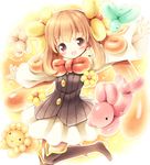  :d aikei_ake balloon balloon_animal blonde_hair blush boots bow bowtie brown_eyes commentary_request open_mouth original outstretched_arms skirt smile solo spread_arms thigh_boots thighhighs 