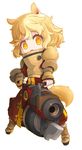  animal_ears arm_guards armor bayonet blonde_hair boots breastplate cannon chibi gun original pauldrons ran_system short_hair simple_background solo tail weapon white_background yellow_eyes 