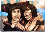  alternate_costume arms_around_neck black_hair breasts cleavage collar crossover diepod drill_hair han_juri large_breasts licking_lips lips long_hair mileena mortal_kombat mortal_kombat_x multiple_girls nail_polish nose open_mouth purple_eyes sharp_teeth street_fighter street_fighter_iv_(series) teeth tongue tongue_out twin_drills yellow_eyes 