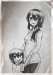  ahoge casual commentary_request gouta_(nagishiro6624) greyscale highres kantai_collection long_hair monochrome mother_and_daughter multiple_girls shigure_(kantai_collection) sketch traditional_media turtleneck 