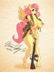  2015 anthro anthrofied areola backpack big_breasts blue_eyes breasts equine female fluttershy_(mlp) friendship_is_magic gun hair huge_breasts knife long_hair looking_at_viewer lysergide m16 mammal my_little_pony nipples pegasus pink_hair pussy ranged_weapon smile solo standing weapon wings 