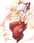  bow character_name fire fujiwara_no_mokou grin hair_bow ofuda red_eyes smile solo suspenders torn_clothes touhou umarutsufuri white_hair 