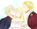  2boys aldnoah.zero asseylum_vers_allusia blonde_hair blush cheek_kiss cruhteo double_cheek_kiss kiss multiple_boys noah_(livas) sandwiched slaine_troyard 