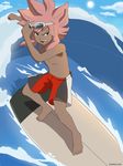  dark_skin dark_skinned_male goggles goggles_on_head highres inazuma_eleven inazuma_eleven_(series) long_hair male_focus male_swimwear open_mouth petagon pink_hair surfboard surfing swim_trunks swimwear tsunami_jousuke 