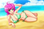  ahoge alternate_color beach bottomless breasts cleavage edit erect_nipples green_eyes huge_breasts lying navel no_panties open_mouth photoshop pink_hair sigurdhosenfeld swimsuit tagme 