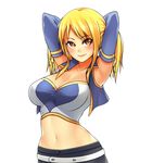  armpits arms_behind_head blonde_hair bustier crop_top detached_sleeves fairy_tail long_hair looking_at_viewer lucy_heartfilia midriff navel scaverle_(mao) smile solo vest white_background yellow_eyes 