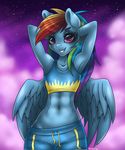  2015 anthro anthrofied armpits arms_behind_head blue_fur clothing equine female friendship_is_magic fur hair mammal midriff multicolored_hair my_little_pony navel pegasus pink_eyes rainbow_dash_(mlp) rainbow_hair shirt smile solo tank_top wings wooxx 