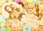  aihara_miu aki_inu bangs_pinned_back bare_legs barefoot brown_eyes brown_hair candy chupa_chups collared_shirt doughnut food gingerbread_man hand_on_own_chest hand_up jam_cookie lollipop looking_at_viewer macaron pillow pocky pon_de_ring shirt skirt solo tokyo_7th_sisters 