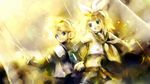  1girl belt blonde_hair brother_and_sister kagamine_len kagamine_rin kei_(keigarou) lowres ribbon siblings twins vocaloid 