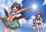  :3 animal_ears arm_up armpits bikini black_hair bow braid cat_ears cloud day eyes from_below green_sarong hair_ribbon hairband hand_up hat heart innertube kaenbyou_rin komeiji_satori long_hair md5_mismatch multiple_girls one-piece_swimsuit open_mouth purple_eyes purple_hair red_eyes red_hair reiuji_utsuho ribbon sarong school_swimsuit shaved_ice short_hair sky sun swimsuit touhou twin_braids twintails wings yoshi_tama 