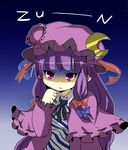  bow bowtie crescent gloom_(expression) hair_bow hat long_hair nervous patchouli_knowledge pun2 purple_eyes purple_hair ribbon solo sweat touhou turn_pale 