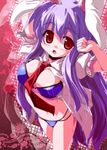  animal_ears bikini breasts bunny_ears bunny_tail cleavage large_breasts long_hair miuku_(marine_sapphire) necktie open_clothes open_shirt purple_hair red_eyes red_neckwear reisen_udongein_inaba shirt solo swimsuit tail touhou 