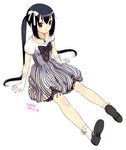  2009 arm_support black_hair blush bow copyright_request dress flat_chest gloves hair_bow hamashima_shigeo jewelry lipstick long_hair makeup necklace pendant red_eyes shoes signature sitting socks solo striped twintails very_long_hair 