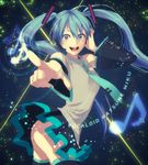  aqua_eyes aqua_hair ass bad_id bad_pixiv_id detached_sleeves hands hatsune_miku headphones headset konno_nigou long_hair musical_note necktie no_panties open_mouth pointing skirt smile solo thighhighs twintails vocaloid 