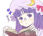  :&lt; bespectacled blush book glasses hat katou_haruaki long_hair mukyuu patchouli_knowledge purple_eyes purple_hair ribbon solo touhou 
