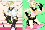 1girl bad_id bad_pixiv_id blonde_hair brother_and_sister bubble_blowing chewing_gum detached_sleeves hair_ribbon headset kagamine_len kagamine_rin microphone midriff necktie ribbon short_hair shorts siblings taira twins vocaloid yellow_eyes 