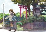  backpack bad_id bad_pixiv_id bag blue_eyes brown_hair chikorita gen_2_pokemon kneehighs moss nature okayu_(crosspoint) plant pokemon pokemon_(creature) road road_sign school_uniform shrine sidewalk sign skirt smile socks solo street torii tree 