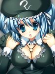  :o between_breasts blue_eyes blue_hair breasts cleavage embellished_costume frills hat kawashiro_nitori key lace large_breasts no_bra solo takeda_aranobu touhou twintails two_side_up 