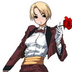  blonde_hair bow bowtie chiisan earrings flower formal gloves jewelry king_(snk) lowres pant_suit reverse_trap rose ryuuko_no_ken short_hair simple_background solo suit the_king_of_fighters tuxedo white_background white_gloves 