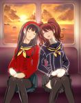  amagi_yukiko bloom cloud kaiseki kujikawa_rise multiple_girls pantyhose persona persona_4 sitting sky sleeping sleeping_upright sunset thighhighs zettai_ryouiki 