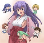  5girls :&lt; bad_id bad_pixiv_id baseball_bat blonde_hair blue_hair blush_stickers breasts brown_hair chibi closed_eyes detached_sleeves fang furude_rika green_hair hakama hanyuu hasu_(hk_works) heart higurashi_no_naku_koro_ni horns houjou_satoko japanese_clothes large_breasts long_hair maebara_keiichi miko multiple_girls no_bra o_o ponytail purple_eyes purple_hair red_hakama ryuuguu_rena short_hair sideboob sonozaki_mion take_it_home 