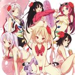  absurdres animal_ears bikini black_bikini black_hair blonde_hair blue_eyes blush braid breasts brown_hair bunny_ears buriki carrot fang flandre_scarlet highres hong_meiling houraisan_kaguya inaba_tewi izayoi_sakuya long_hair maid_headdress medium_breasts multiple_girls navel non-web_source open_mouth purple_hair red_bikini red_eyes red_hair reisen_udongein_inaba ribbon scan scan_artifacts short_hair side_ponytail silver_hair smile striped striped_bikini stuffed_animal stuffed_bunny stuffed_toy swimsuit tail touhou twin_braids wings yellow_bikini 