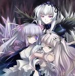  barasuishou dress eyepatch flower girl_sandwich hairband hug kirakishou mtyy multiple_girls pink_eyes pink_hair purple_hair rose rozen_maiden sandwiched silver_hair smile suigintou twintails wings yellow_eyes 