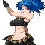  abs blue_hair chiisan earrings gloves jewelry leona_heidern lowres midriff muscle navel ponytail simple_background solo tank_top the_king_of_fighters white_background 
