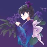  bangs black_hair blue_background blue_eyes blush colored_eyelashes eyebrows_visible_through_hair floral_background floral_print flower from_side hair_flower hair_ornament japanese_clothes kimono long_sleeves looking_at_viewer looking_to_the_side original profile short_hair sleeves_past_wrists solo takigawa_yuu upper_body violet_(flower) 
