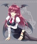  :d ahoge arm_garter bat_wings breast_hold breasts demon_girl dress_shirt english fang garter_straps head_wings koakuma large_breasts long_hair long_sleeves necktie open_mouth pencil_skirt pointy_ears red_hair shirt skirt skirt_set smile solo thighhighs touhou touya_(the-moon) vest wings zettai_ryouiki 