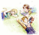  bad_id bad_pixiv_id blonde_hair brown_hair butz_klauser cape circle_formation closed_eyes cocura dandelion dandelion_seed dissidia_final_fantasy final_fantasy final_fantasy_ix final_fantasy_v final_fantasy_x flower grass green_eyes male_focus multiple_boys tail tidus zidane_tribal 