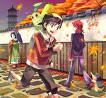  2009 2boys autumn backwards_hat baseball_cap black_hair blue_eyes chikorita cyndaquil geisha gen_2_pokemon gold_(pokemon) hat japanese_clothes kimono kimono_girl_(pokemon) leaf maple_leaf multiple_boys oriental_umbrella outdoors pokemon pokemon_(creature) pokemon_(game) pokemon_hgss red_hair silver_(pokemon) tomone tower tree umbrella wall 