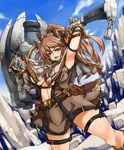  armpits battle_line breasts brown_eyes brown_hair cleavage curvy gloves hammer hitagiri huge_breasts huge_weapon long_hair ponytail solo thigh_strap weapon 