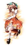  animal_ears brown_hair cat_ears cat_tail chen dress earrings fang hat itotin jewelry looking_at_viewer lying mary_janes multiple_tails shoes short_hair socks solo tail touhou yellow_eyes 