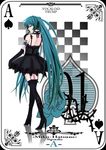  bad_id bad_pixiv_id black_dress card card_(medium) dress elbow_gloves futaba_(artist) gloves hatsune_miku high_heels highres legs long_hair looking_back playing_card shoes solo spade_(shape) tattoo thighhighs twintails very_long_hair vocaloid zettai_ryouiki 