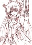  beltbra breasts cleavage coat cosplay dante_(devil_may_cry) dante_(devil_may_cry)_(cosplay) devil_may_cry ebony_&amp;_ivory gun handgun kousaka_tamaki large_breasts midriff monochrome overcoat rebellion_(sword) sankaku_umako solo sword to_heart_2 twintails weapon 