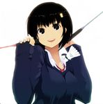  bad_id bad_pixiv_id badminton badminton_racket black_eyes black_hair breasts copyright_request medium_breasts nauribon necktie racket smile solo sweater 