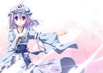  blue_ribbon cherry_print food_print hands hat japanese_clothes kimono obi pink_hair purple_eyes ribbon ribbon-trimmed_collar ribbon_trim saigyouji_yuyuko sash short_hair solo t-ray touhou triangular_headpiece 