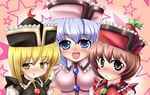  bad_id bad_pixiv_id blonde_hair blue_eyes blush brown_eyes brown_hair chuuten_(clam_chowder) hat highres lavender_hair lunasa_prismriver lyrica_prismriver merlin_prismriver multiple_girls short_hair siblings sisters touhou yellow_eyes 