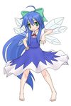  :3 ahoge barefoot blue_hair bow cirno cirno_(cosplay) cosplay feet green_eyes hair_bow hands izumi_konata kuro_suto_sukii long_hair lucky_star mole mole_under_eye solo touhou very_long_hair wings 