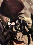  belt beltskirt black_hair black_rock_shooter chain foreshortening hemoryun insane_black_rock_shooter long_hair purple_eyes solo sword very_long_hair weapon 