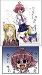  animal_ears bad_id bad_pixiv_id blue_hair blush cat_ears catchphrase highres ikeda_kana kanbara_satomi kazekoshi_school_uniform kubo_takako kurou_(quadruple_zero) multiple_girls necktie saki school_uniform short_hair stomping tsuruga_school_uniform 