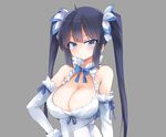  bad_id bad_pixiv_id bare_shoulders black_hair blue_eyes blue_ribbon breasts cleavage dungeon_ni_deai_wo_motomeru_no_wa_machigatteiru_darou_ka gloves grey_background hestia_(danmachi) large_breasts long_hair looking_at_viewer pout rei_no_himo revision ribbon simple_background skindentation solo twintails white_gloves yostxxx 