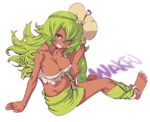  amalia_sheran_sharm ankle_wrap bare_shoulders barefoot breasts brown_eyes cleavage clenched_teeth copyright_name dark_skin feet flower green_eyes hair_flower hair_ornament highres honzawa_yuuichirou large_breasts long_hair looking_at_viewer midriff sadida simple_background smile solo teeth toenails toes wakfu white_background 