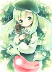  aikei_ake beret blush clover commentary_request dress flask four-leaf_clover green green_eyes hat holding long_sleeves looking_at_viewer original smile solo twintails 