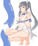  2015 artist_name barefoot black_hair blue_eyes blue_ribbon blush breasts cleavage covered_navel covered_nipples dated dungeon_ni_deai_wo_motomeru_no_wa_machigatteiru_darou_ka gloves hestia_(danmachi) imazon large_breasts long_hair navel rei_no_himo ribbon shiny shiny_skin sideboob smile solo squatting thighs twintails 