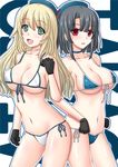  :d atago_(kantai_collection) beret bikini black_gloves black_hair blonde_hair blue_bikini blush breasts character_name choker cleavage covered_nipples front-tie_top gloves green_eyes hat kantai_collection large_breasts long_hair midriff multiple_girls navel open_mouth oyabun_(higashi) red_eyes shiny shiny_skin short_hair side-tie_bikini smile string_bikini swimsuit takao_(kantai_collection) white_bikini 