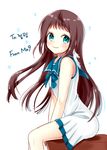  blue_eyes brown_hair dress korean long_hair ma9 mukaido_manaka nagi_no_asukara sailor_dress school_uniform serafuku sitting smile 