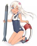 ainvy_(envieout) bare_shoulders blonde_hair blue_eyes flower hair_flower hair_ornament holding holding_torpedo kantai_collection kneeling lifebuoy long_hair looking_at_viewer neckerchief one-piece_swimsuit one_eye_closed open_mouth ro-500_(kantai_collection) sailor_collar school_swimsuit simple_background slippers solo swimsuit swimsuit_under_clothes tan tanline torpedo white_background 