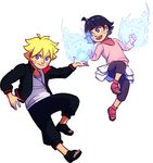  1boy 1girl ahoge aura blonde_hair gabzillaz naruto necklace purple_hair rasengan siblings skirt smile spiked_hair toeless_legwear uzumaki_boruto uzumaki_himawari whiskers 